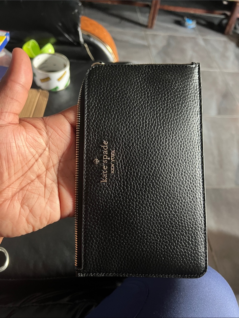 kate spade Black Pebbled Leather Zip Wallet with Gold Logo wristlet